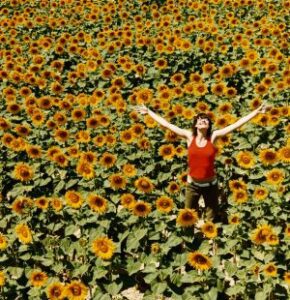 Woman with arms stretched out in a sunflower field