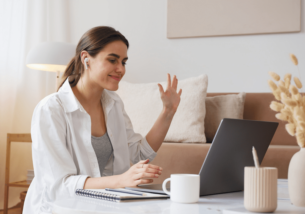 Woman completing online telehealth Adult Psychotherapy session as a way to manage anxiety